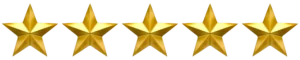 Five gold stars in a row on white background