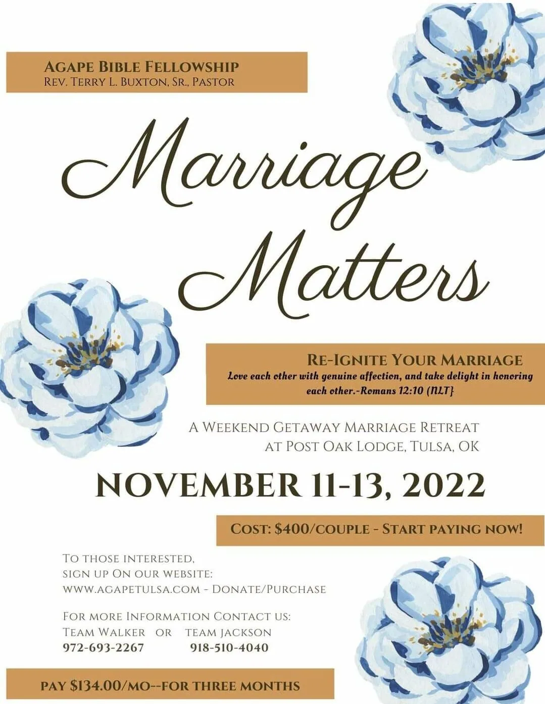 Marriage Matters retreat flyer for Agape Bible Fellowship featuring blue flowers and event details for November 11-13, 2022 in Tulsa, Oklahoma.