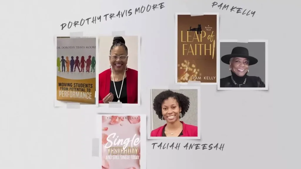 Collage displaying book covers and headshots of four Black authors including Dorothy Travis Moore, Pam Kelly, and Taliah Aneesah with their respective books and professional portraits