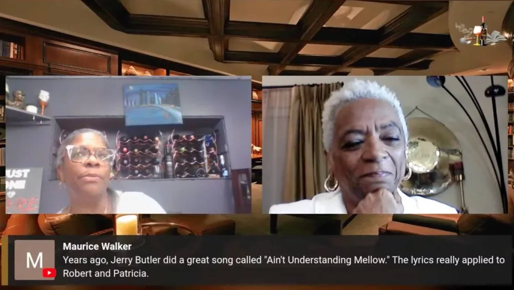 Two people on video call screens discussing a song, with text overlay mentioning Maurice Walker and Jerry Butler's 'Ain't Understanding Mellow'