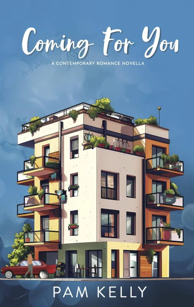 Contemporary romance novella book cover featuring a colorful multi-story building with balconies and plants against a blue sky, with a small car at ground level